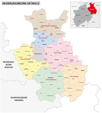 Alman dilinde Detmold bölgesinin idari vektör haritası, Kuzey Ren-Vestfalya, Almanya