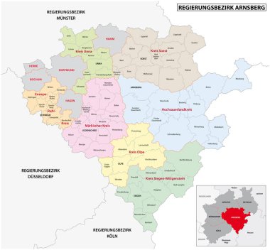 Arnsberg bölgesinin Almanca idari vektör haritası, Kuzey Ren-Vestfalya, Almanya