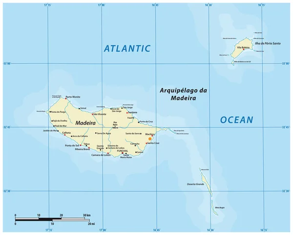 Mapa Wektorowa Portugalskiego Archipelagu Madera Oceanie Atlantyckim Portugalia — Wektor stockowy