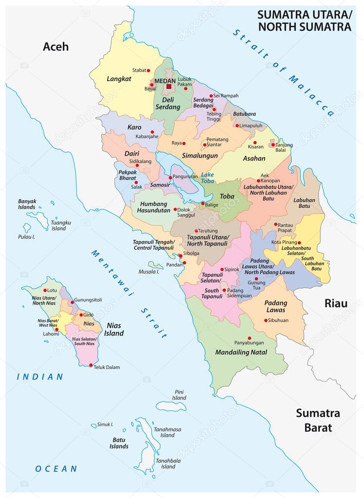 Administrative vector map of the Indonesian province of North Sumatra, Sumatra, Indonesia