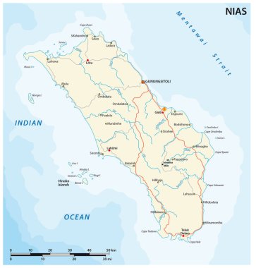 road vector map of indonesian island of nias, indonesia clipart