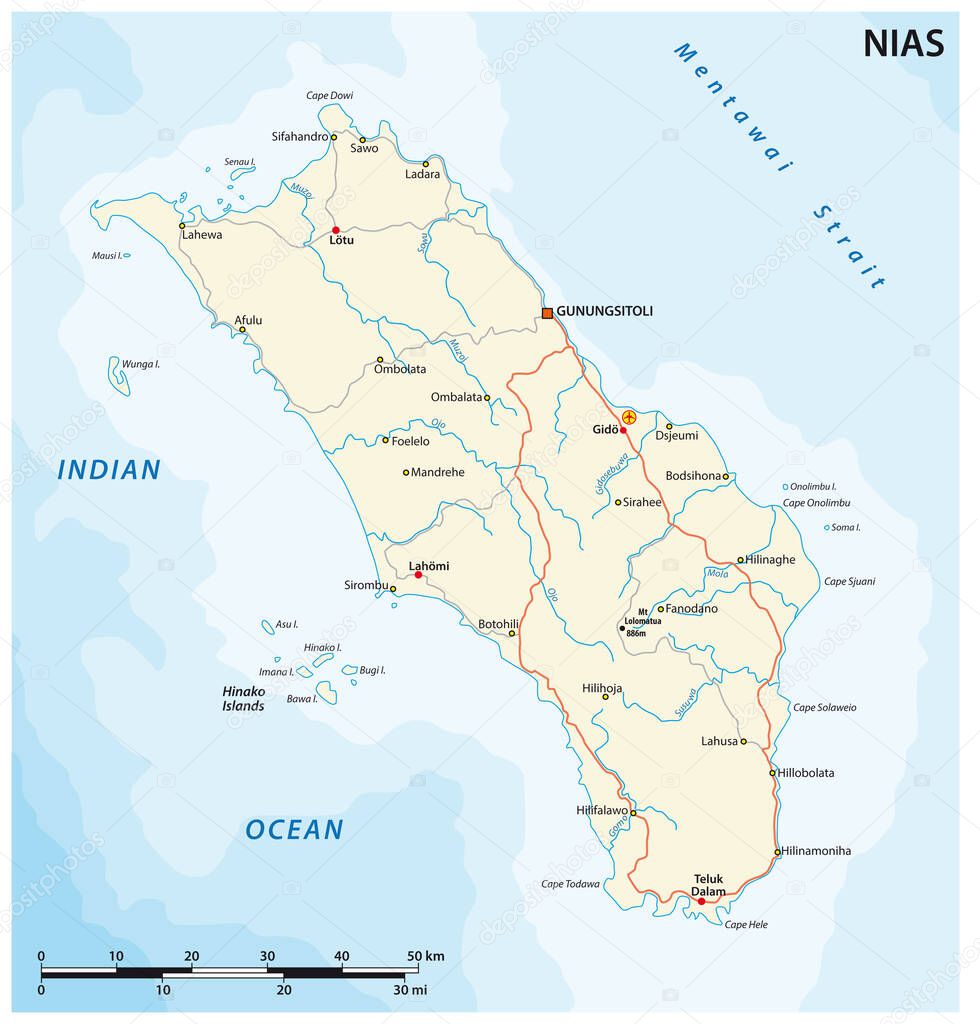 road vector map of indonesian island of nias, indonesia