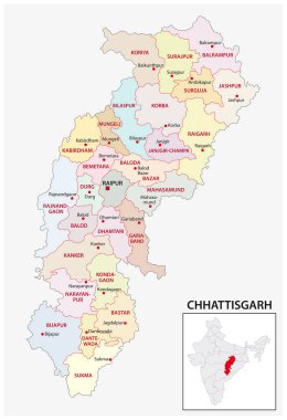 Hindistan 'ın Chhattisgarh eyaletinin idari ve politik haritası