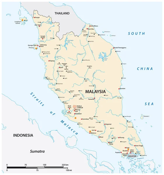 Vektorkarte Der Malaysischen Halbinsel Mit Den Wichtigsten Städten Malaysia — Stockvektor