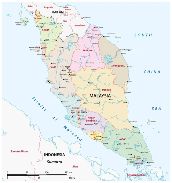 Struttura Amministrativa Mappa Vettoriale Della Penisola Malese Malesia — Vettoriale Stock