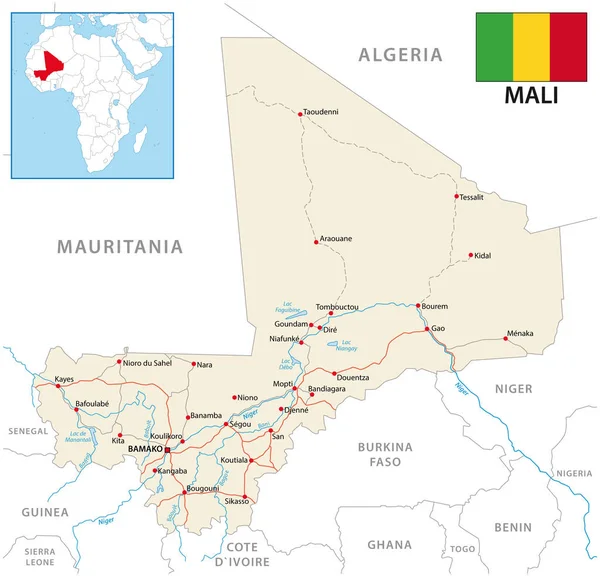 Mapa Ruta Vectorial República Malí Con Bandera — Vector de stock