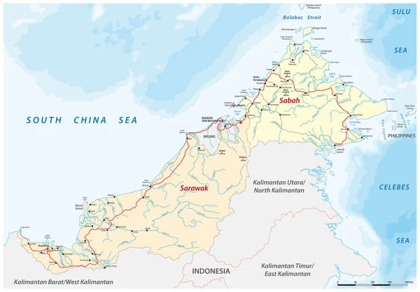 Vector Road Map Malaysian States Sarawak Sabah Island Borneo Malaysia — Stock Vector