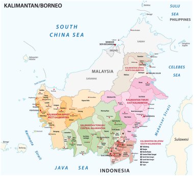 Borneo Adası, Kalimantan, Endonezya 'nın Endonezya bölgesinin idari vektör haritası