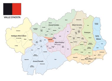 İtalya 'nın otonom bölgesi Aosta Vadisi' nin bayraklı idari vektör haritası, İtalya