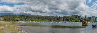 PUCON, ŞİLİ-JANUARY 31, 2020: Villarrica Gölü kıyısında aynı adı taşıyan yanardağ, Pucon, Şili