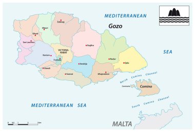 Malta 'nın iki adasının vektör idari haritası, Gozo ve Comino bayrağı, Malta