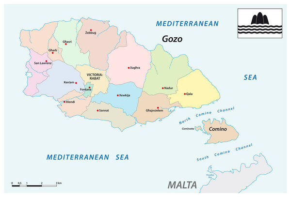 vector administrative map of the two maltese islands Gozo and Comino with flag, Malta