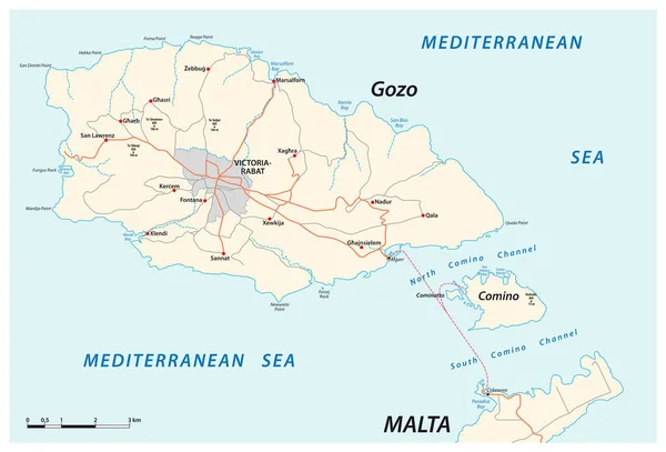 Mapa Ruta Vectorial Las Dos Islas Maltesas Gozo Comino Malta — Vector de stock