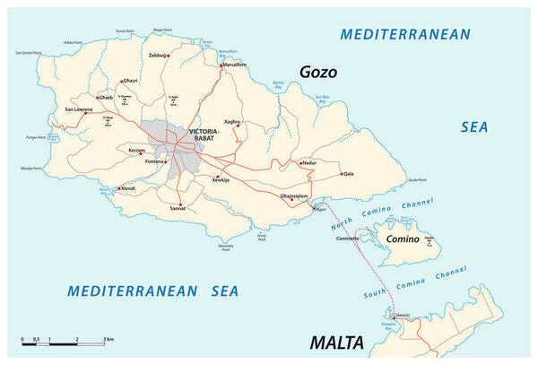 vector road map of the two maltese islands Gozo and Comino, Malta