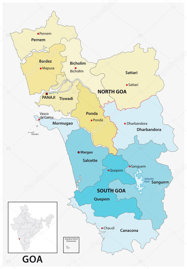 Administrative and political vector map of the Indian state of Goa
