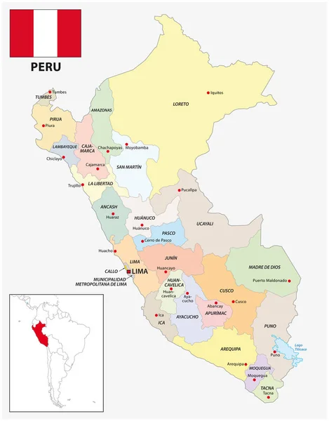 Mapa Vetorial Divisões Administrativas Peru Com Bandeira —  Vetores de Stock