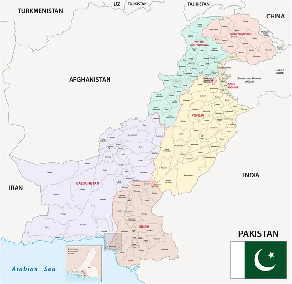 Verwaltungsvektorkarte Der Islamischen Republik Pakistan Mit Flagge — Stockvektor