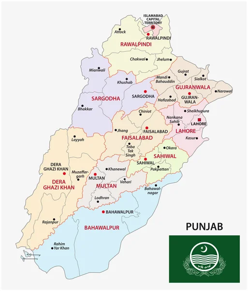 Carte Vectorielle Administrative Province Pakistanaise Pendjab Avec Drapeau Pakistan — Image vectorielle