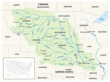 Missouri Nehri drenaj havzasının vektör haritası, ABD, Kanada