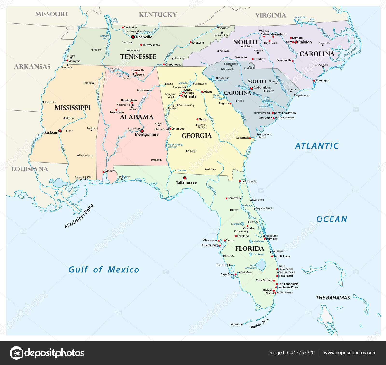 Administrative Vector Map States Southeastern United States Stock