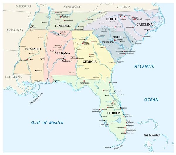 Peta Vektor Administratif Dari Negara Bagian Amerika Serikat Tenggara - Stok Vektor