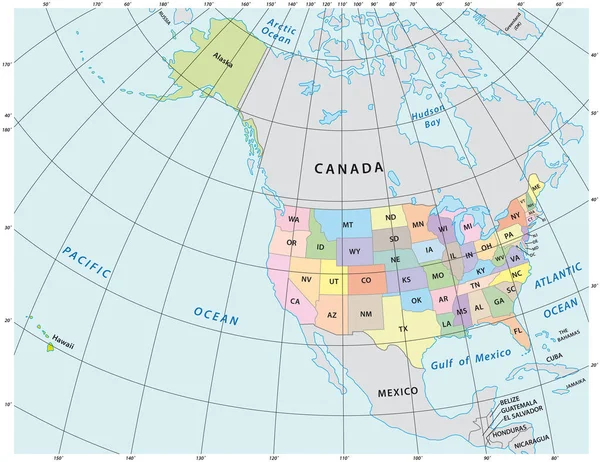 América Del Norte Mapa Vectorial Administrativo Con Latitud Longitud — Vector de stock