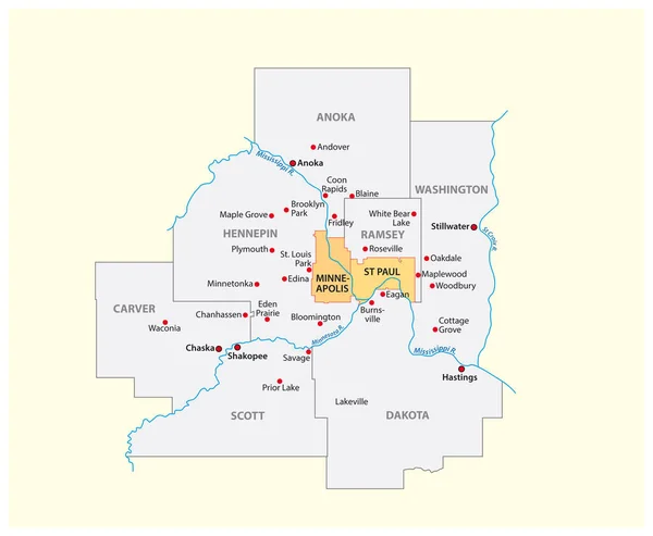 Mapa Vectorial Del Área Metropolitana Minneapolis Saint Paul Minnesota Estados — Archivo Imágenes Vectoriales