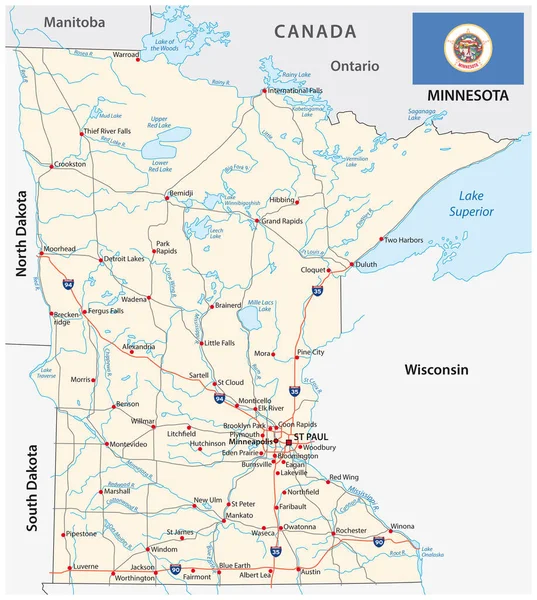 Minnesota Bundesstaat Straßenvektorkarte Mit Fahne — Stockvektor