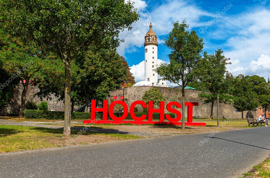 FRANKFURT AM MAIN, GERMANY-SEPTEMBER 05 , 2025: Red lettering Hchst in front of the castle, Frankfurt, Germany