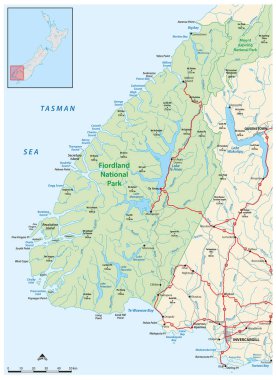 Yeni Zelanda Güney Adası 'nın güneybatısındaki Fiordland Ulusal Parkı haritası.