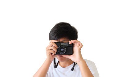 Beyaz arka plan üzerinde fotoğrafçı kadar kapatın.