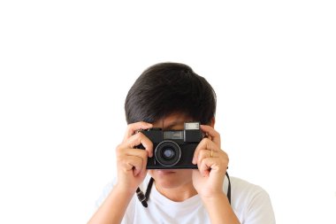 Beyaz arka plan üzerinde fotoğrafçı kadar kapatın.