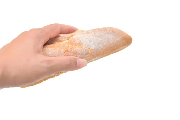 Pan en mano sobre fondo blanco . — Foto de Stock
