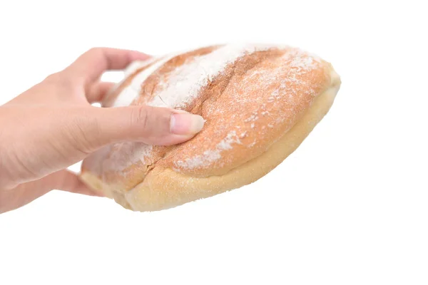 Brood in hand op witte achtergrond. — Stockfoto