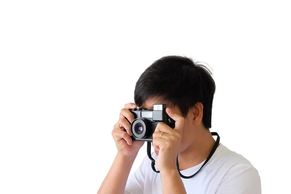 Close up photographer on white background. — Stock Photo, Image