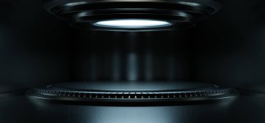 Boş açık mavi stüdyo odası fütüristik bilim kurgu salonu. Işıklar mavi, tasarım için gelecek arkaplan, 3D görüntüleme.