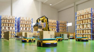 Taşımacılıkta AGV ve robotik kollu fabrika otomasyonu 3D güvenli bir şekilde hazırlanarak ulaşımı arttırmak için