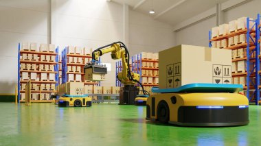 Taşımacılıkta AGV ve robotik kollu fabrika otomasyonu 3D güvenli bir şekilde hazırlanarak ulaşımı arttırmak için