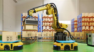 Taşımacılıkta AGV ve robotik kollu fabrika otomasyonu 3D güvenli bir şekilde hazırlanarak ulaşımı arttırmak için
