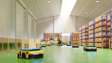 Taşımacılıkta AGV ve robotik kollu fabrika otomasyonu 3D güvenli bir şekilde hazırlanarak ulaşımı arttırmak için