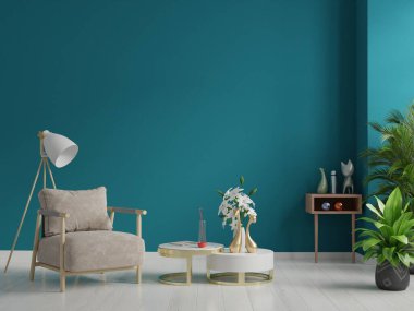 İçi boş, koyu yeşil duvar zemininde bir koltuk var, 3 boyutlu.