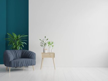 İç tarafında boş beyaz duvar zemininde bir koltuk var.