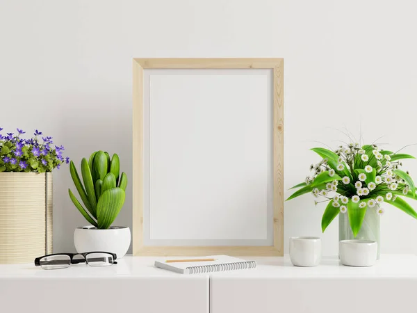 Poster Mockup Met Verticaal Frame Tafel Witte Achtergrond Rendering — Stockfoto