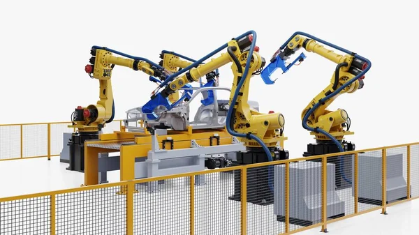工場での自動車ロボット組立 3Dレンダリング — ストック写真