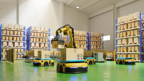 Taşımacılıkta AGV ve robotik kollu fabrika otomasyonu 3D güvenli bir şekilde hazırlanarak ulaşımı arttırmak için