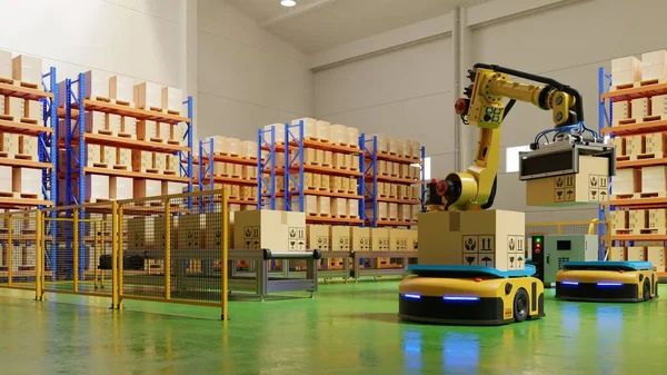 Factory Automation with AGV and robotic arm in transportation to increase transport more with safety.3D rendering