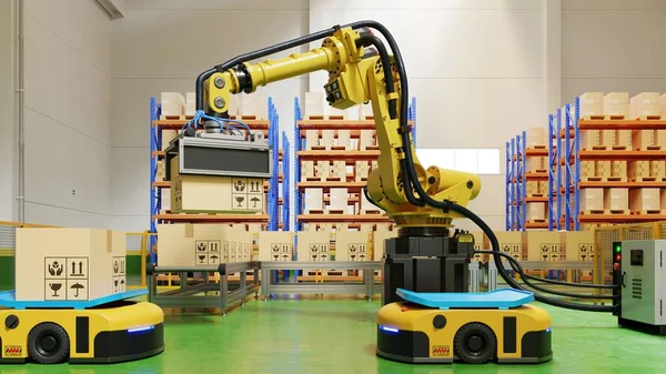Automação Fábrica Com Agv Braço Robótico Transporte Para Aumentar Ainda — Fotografia de Stock