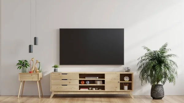 LED TV on the white wall in living room,minimal design,3d rendering