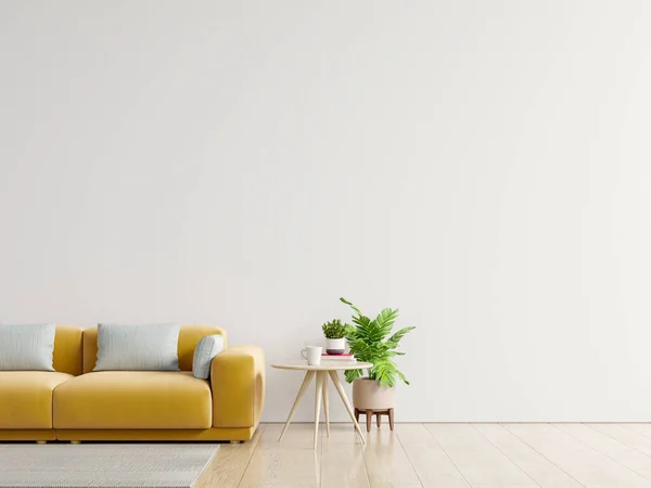Empty living room with yellow sofa, plants and table on empty white wall background. 3D rendering