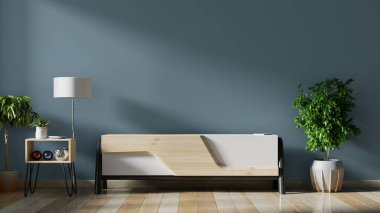 Kabine TV boş iç odada, ahşap raflı karanlık duvar, lamba, bitkiler ve masa ahşabı, 3D görüntüleme